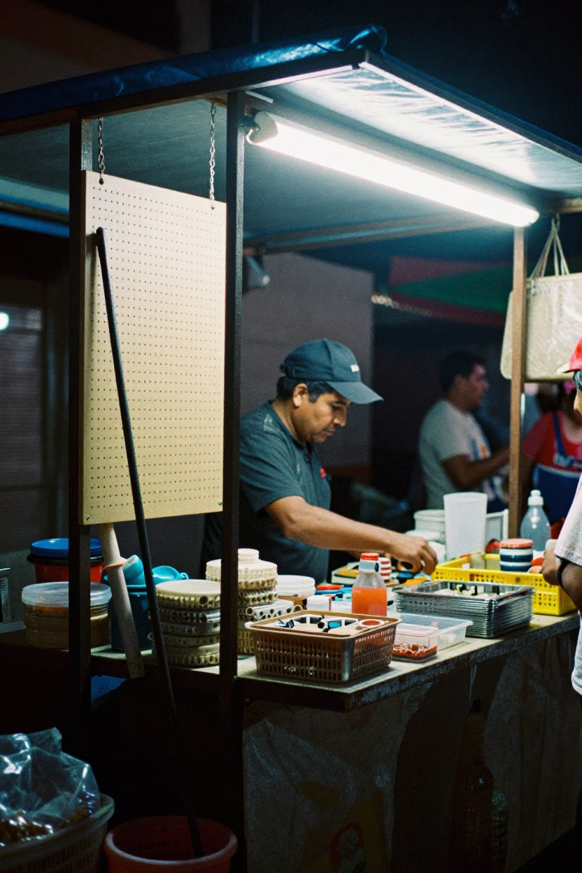 Night Market Stall in Guadalajara Mexico with Pegboard Display and Crowbar Tool in in Guadalajara, Mexico