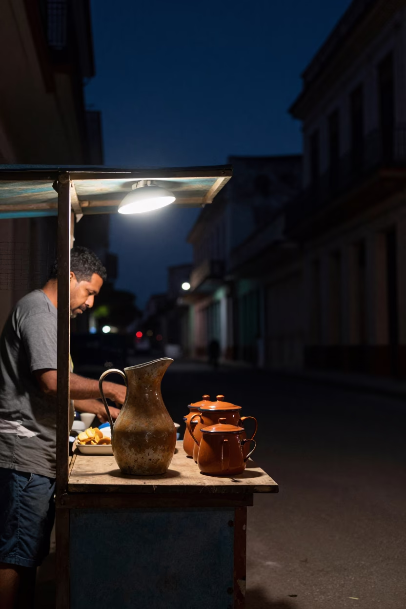 Night Market Stall in Havana Cuba with Enamel Pitcher and Brown Dog in in Havana, Cuba