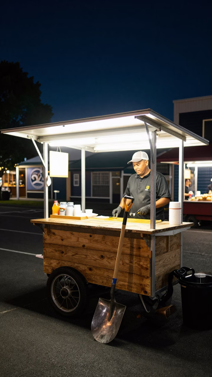 Night Market Stall in Hobart Tasmania with Ash Shovel and Local Food in in Hobart, Tasmania, Australia