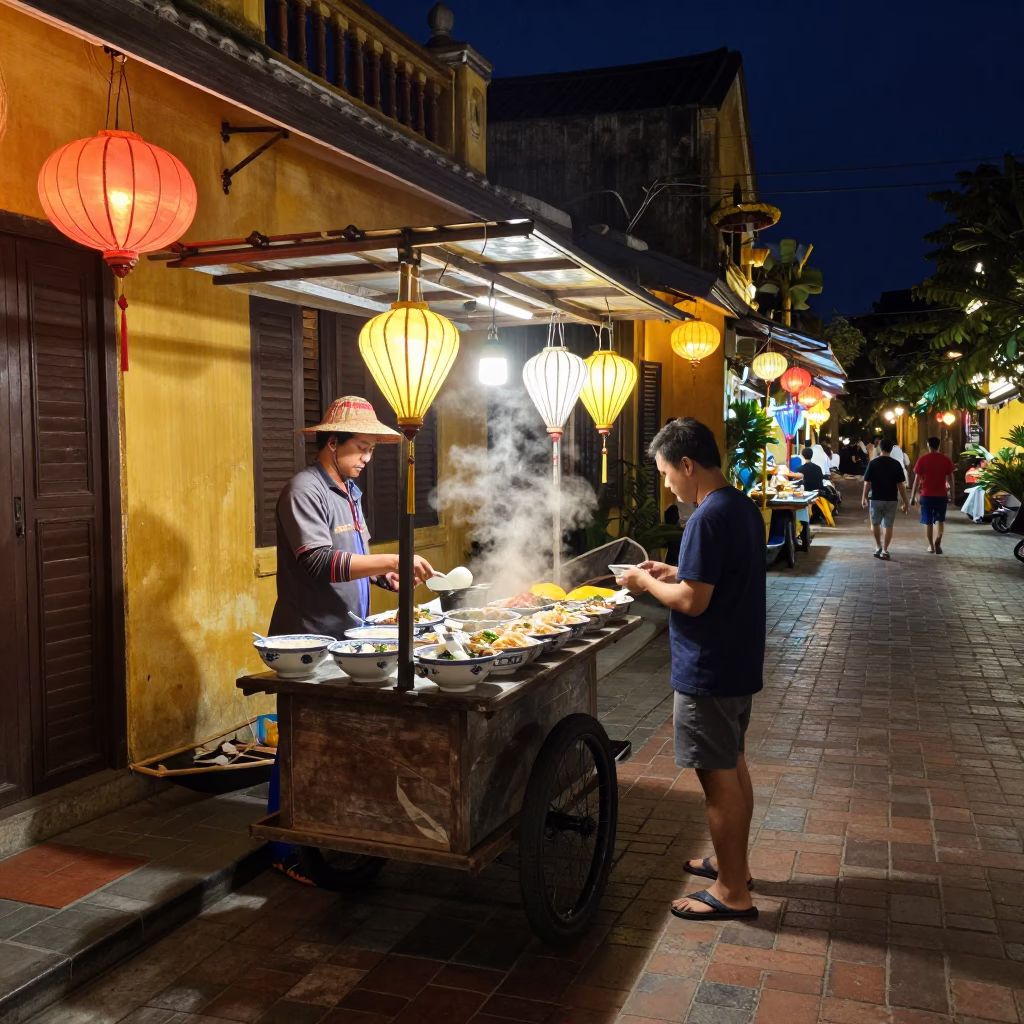 Night Market Stall in Hoi An Vietnam with Lanterns and Canoe on River in in Hoi An, Vietnam