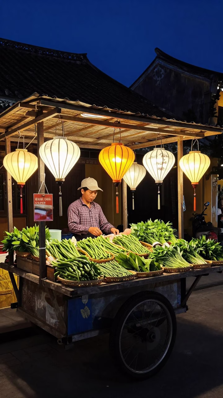 Night Market Stall in Hoi An Vietnam with Lanterns and Fresh Produce in in Hoi An, Vietnam