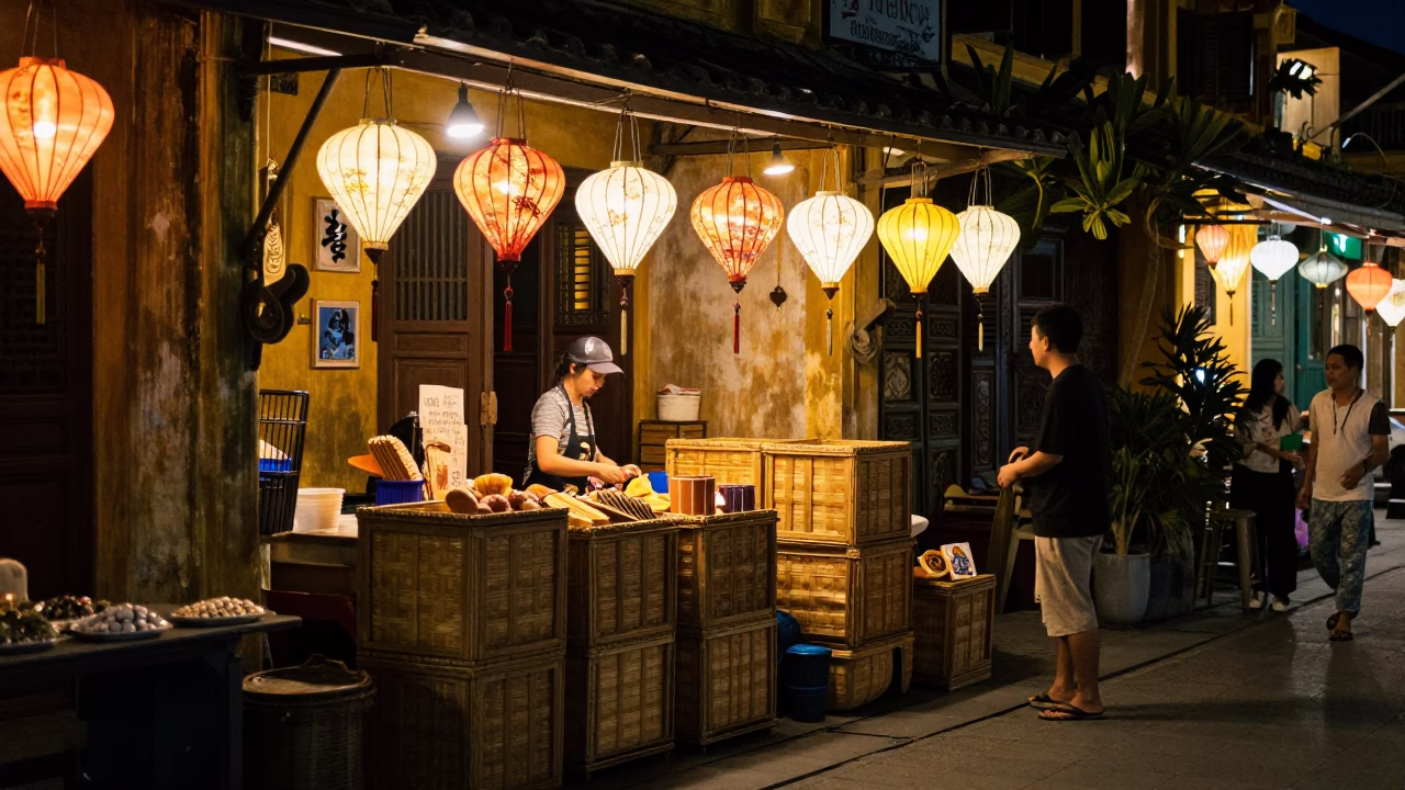Night Market Stall in Hoi An Vietnam with Lanterns and Local Interaction in in Hoi An, Vietnam