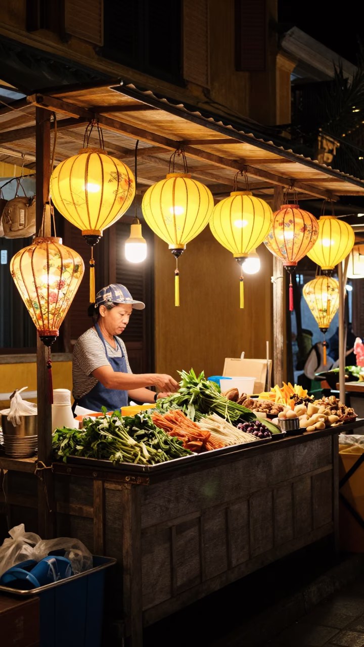 Night Market Stall in Hoi An Vietnam with Street Food and Lanterns in in Hoi An, Vietnam