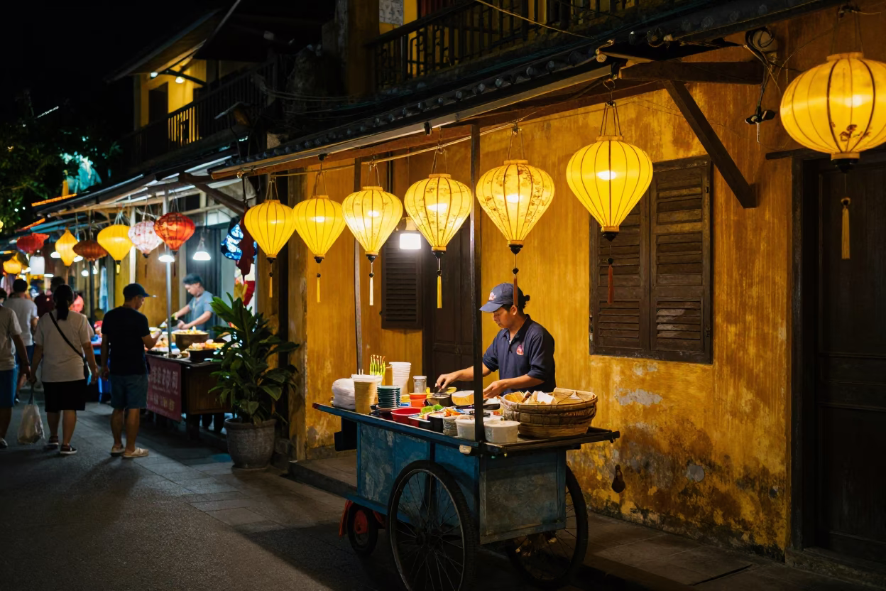Night Market Stall in Hoi An Vietnam with Traditional Lanterns and Street Food in in Hoi An, Vietnam