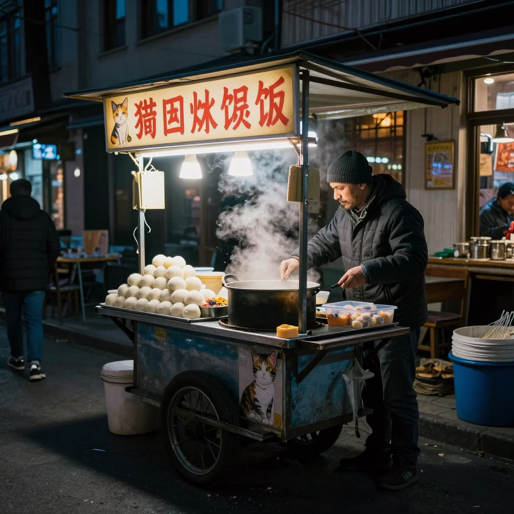 Night Market Stall in Istanbul Turkey with Cat and Mochi Dessert in in Istanbul, Turkey