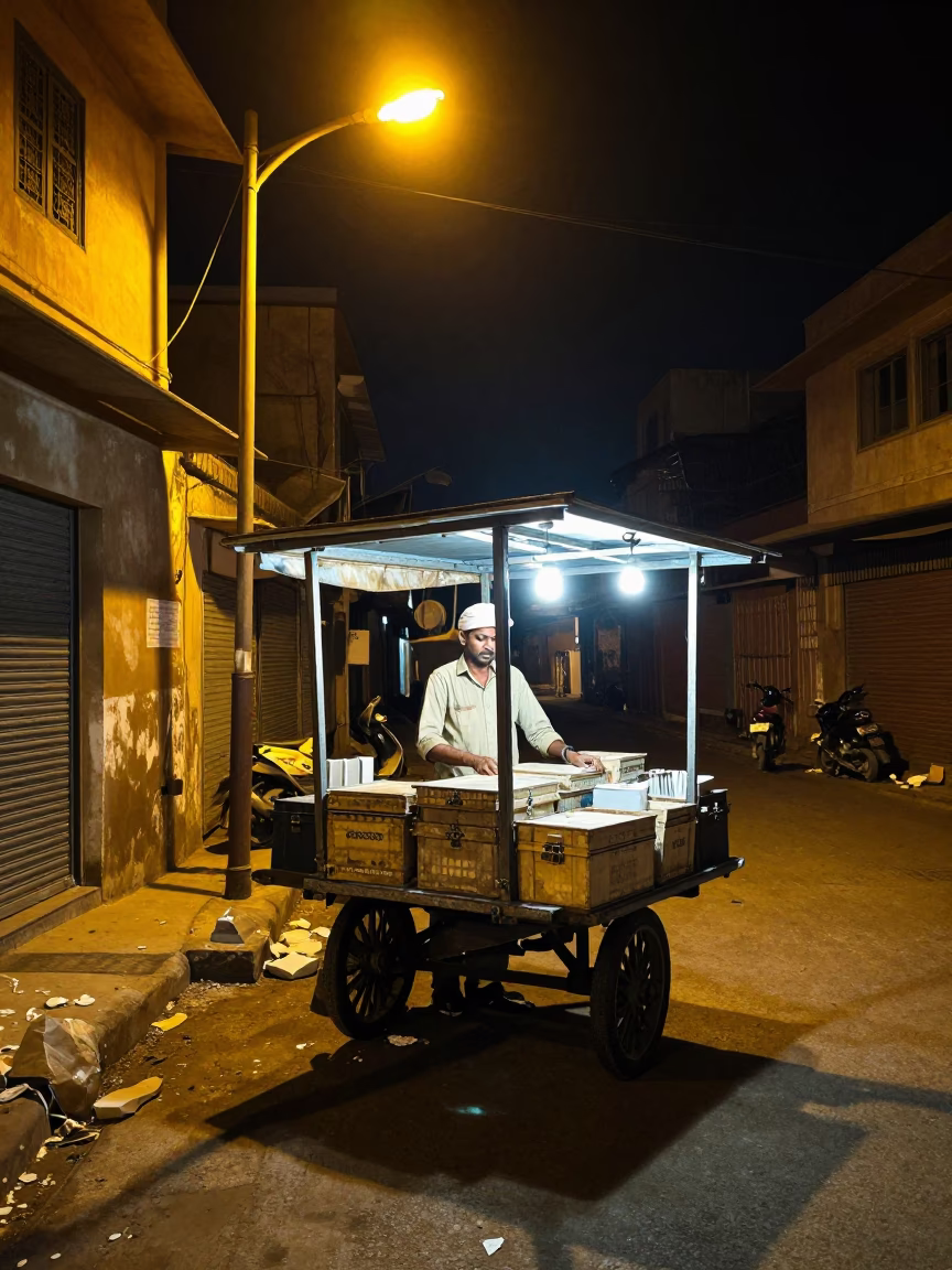 Night Market Stall in Jaipur India with Crate and Nickel Latch Under Streetlight in in Jaipur, India