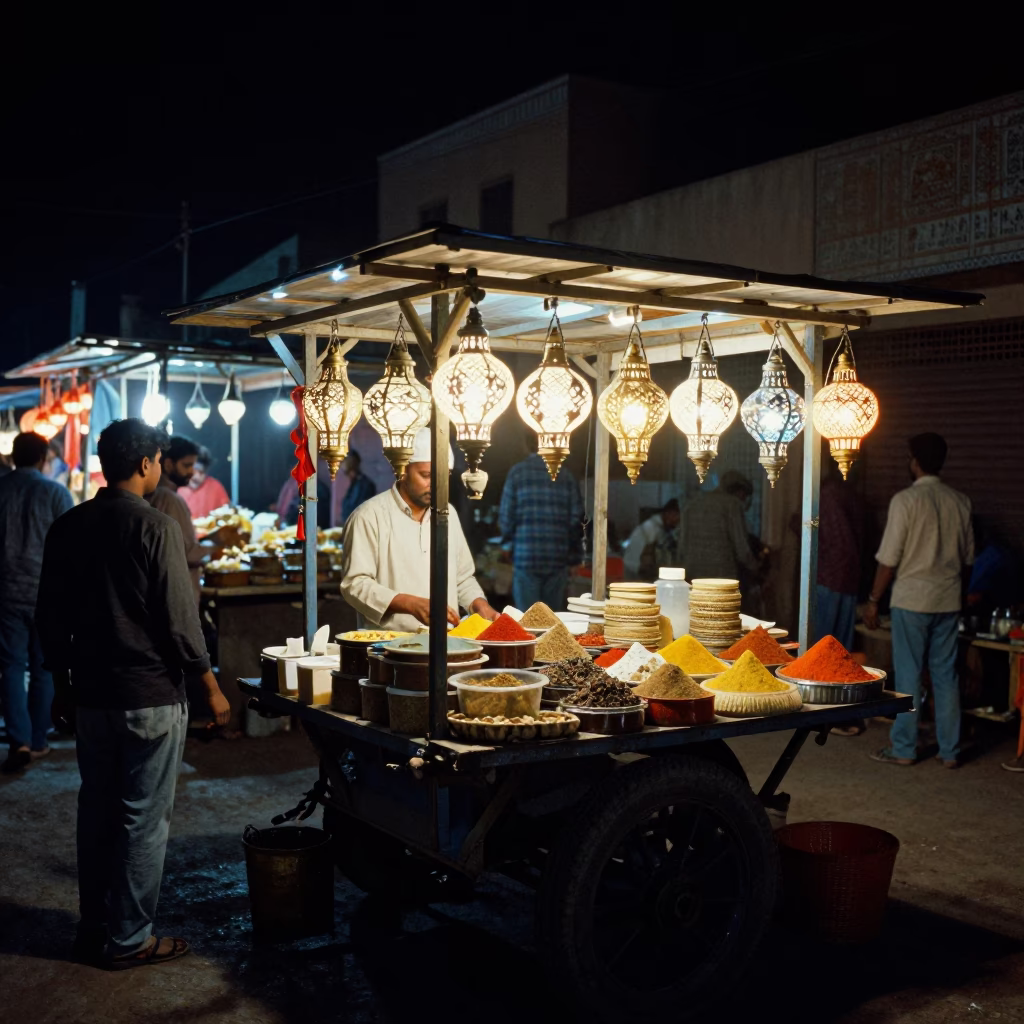 Night Market Stall in Jaipur India with Spices and Lanterns in in Jaipur, India