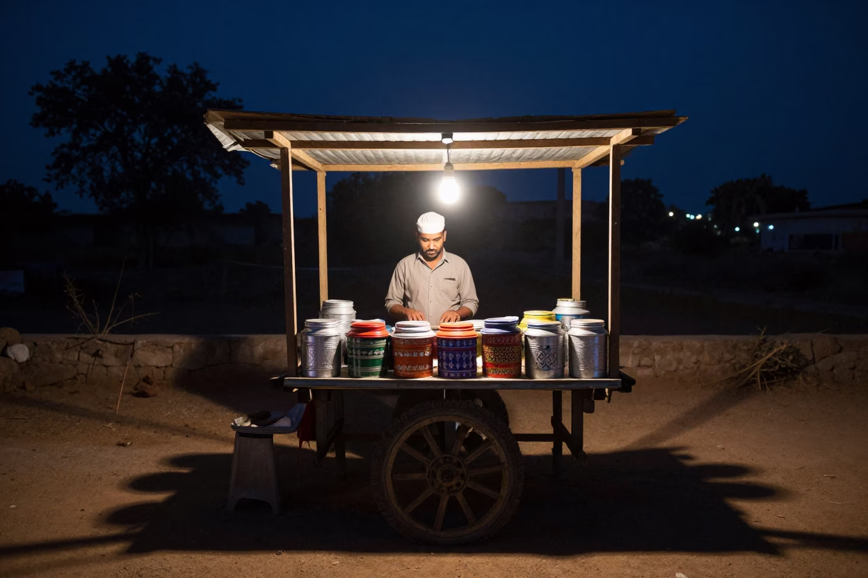 Night Market Stall in Jaipur India with Storage Tins and Traditional Lanterns in in Jaipur, India