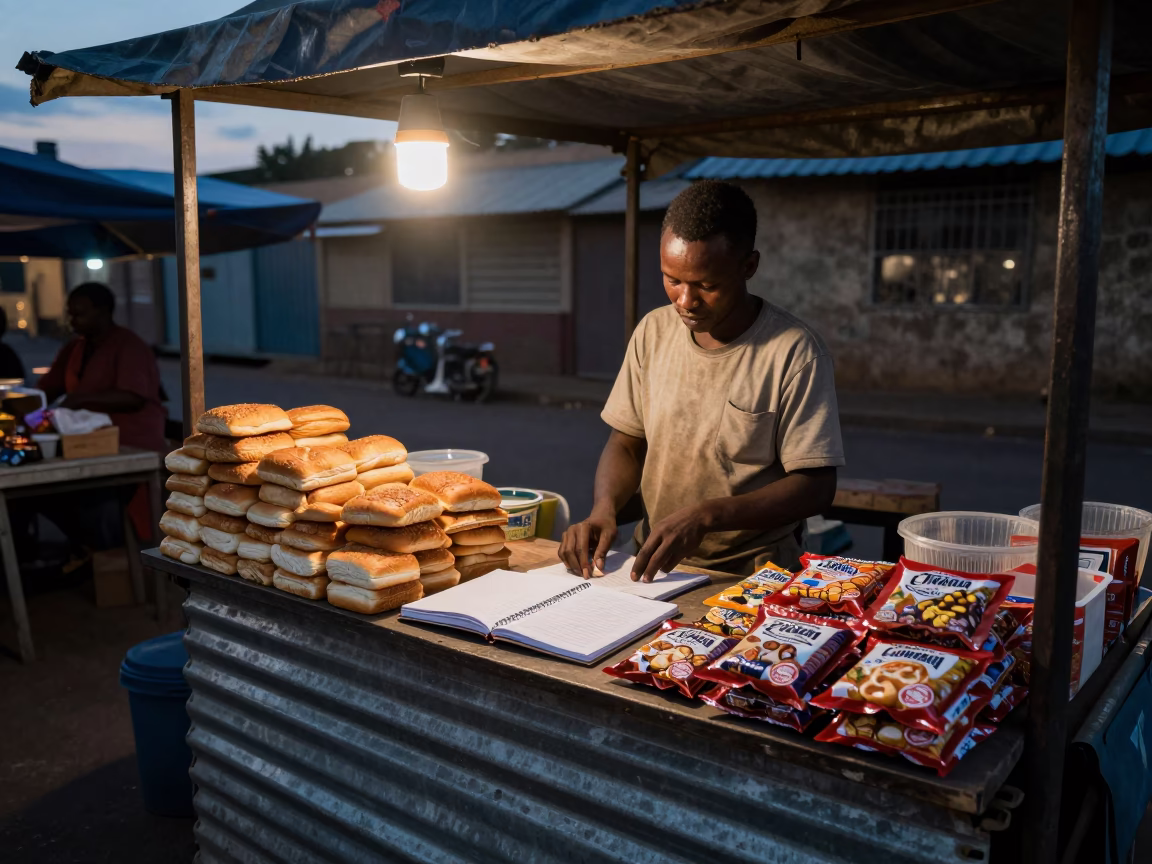 Night Market Stall in Johannesburg Before Dawn with Notebook and Coffee in in Johannesburg, South Africa