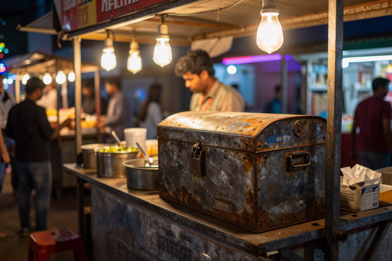 Night Market Stall in Kolkata India with Rusty Lockbox and Neon Lights in in Kolkata, India