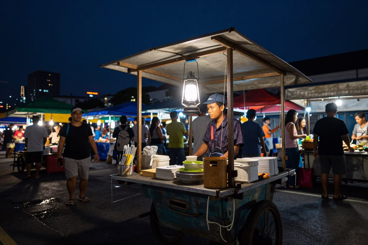 Night Market Stall in Kuala Lumpur Malaysia Under Deep Night Sky With Lantern Light in in Kuala Lumpur, Malaysia