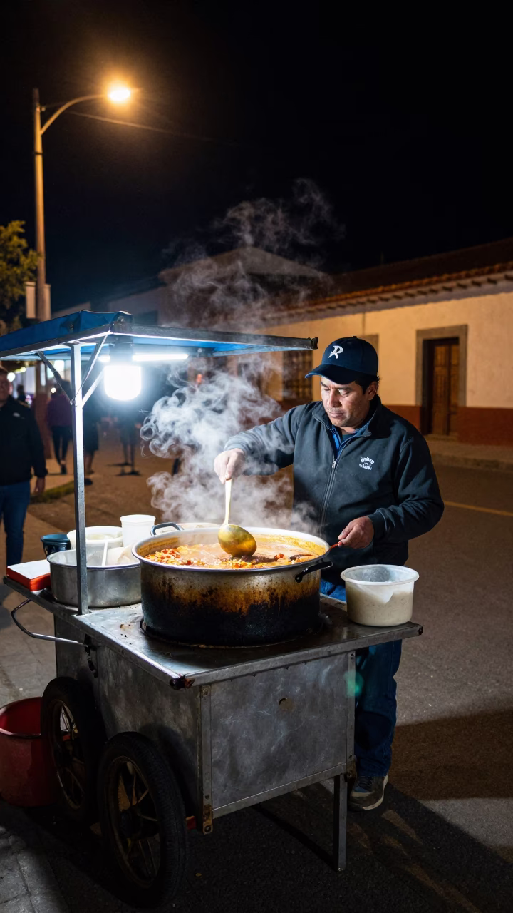Night Market Stall in La Paz Bolivia Serving Locro Stew Under Streetlights in in La Paz, Bolivia