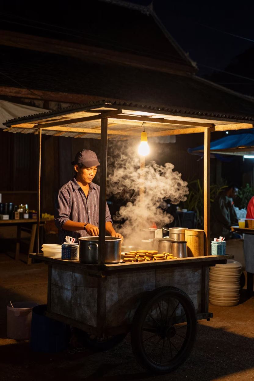 Night Market Stall in Luang Prabang Laos with Steam and Local Vendors in in Luang Prabang, Laos