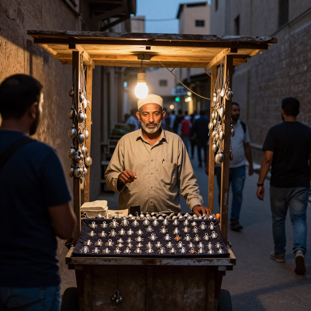 Night Market Stall in Luxor Egypt with Amulet Vendor and Tourists in in Luxor, Egypt
