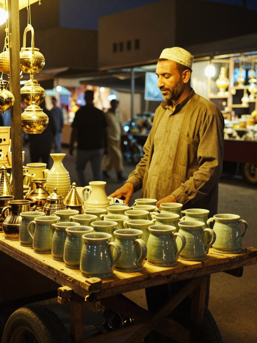 Night Market Stall in Luxor Egypt with Ceramic and Metal Objects in in Luxor, Egypt