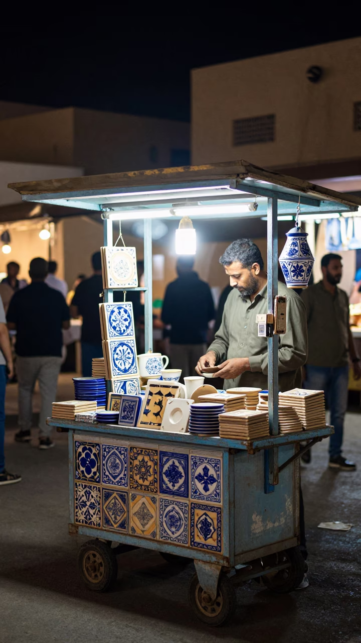 Night Market Stall in Luxor Egypt with Ceramic Tiles and Coffee Mugs in in Luxor, Egypt
