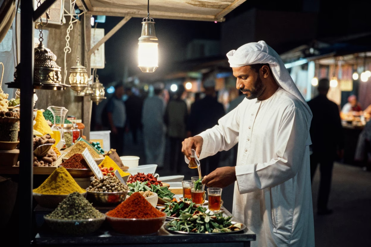 Night Market Stall in Luxor Egypt with Spices and Tea Service in in Luxor, Egypt