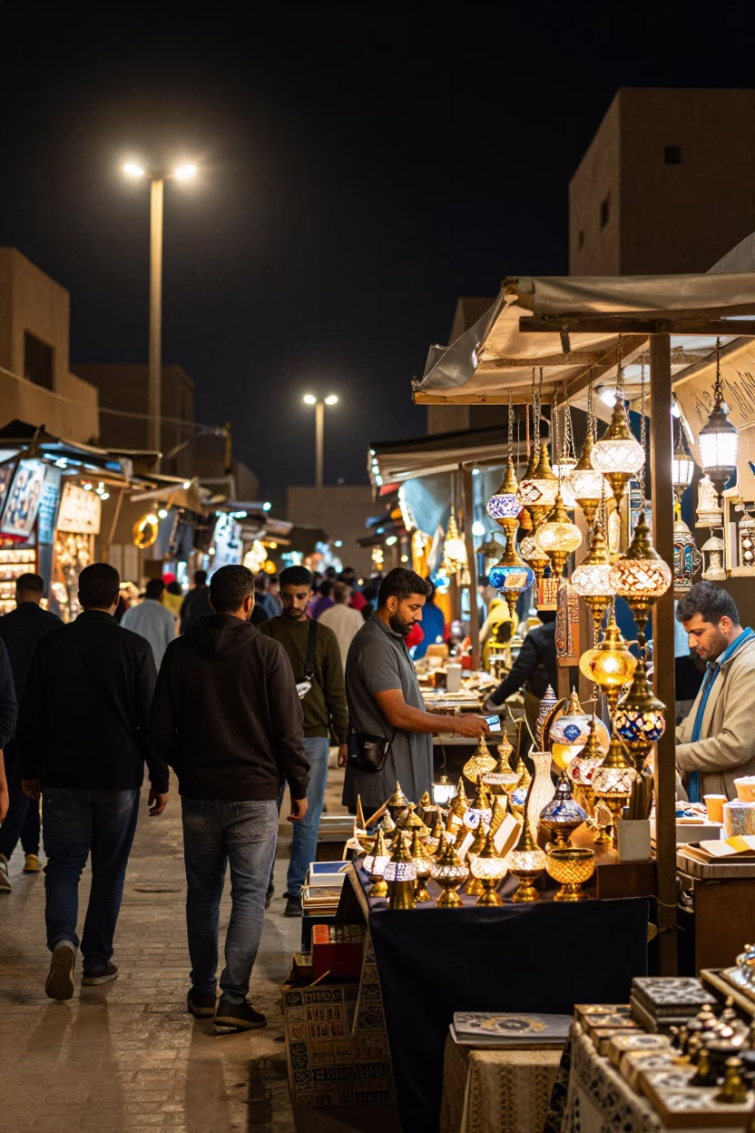 Night market stall in Luxor Egypt with tourists buying souvenirs under streetlights in in Luxor, Egypt