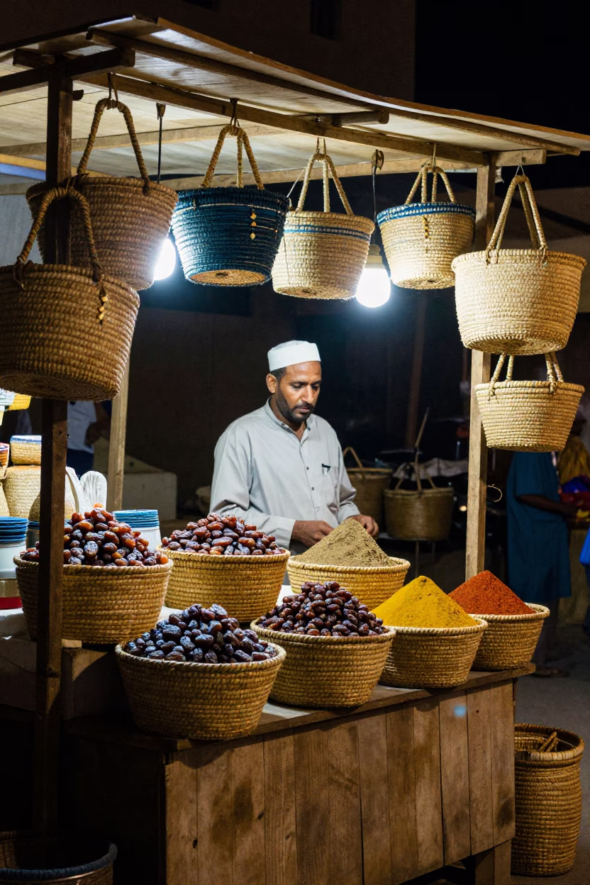 Night Market Stall in Luxor Egypt with Woven Baskets and Indigo Fabric Under Streetlight in in Luxor, Egypt