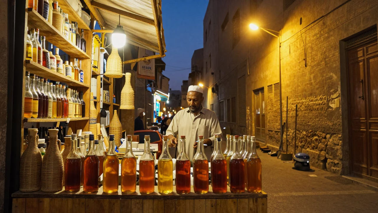 Night market stall in Luxor with glass bottles and woven baskets in in Luxor, Egypt