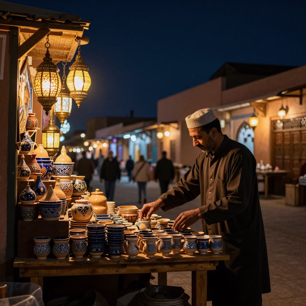 Night Market Stall in Marrakech Medina With Ceramic Cups And Woven Cushions in in Marrakech, Morocco