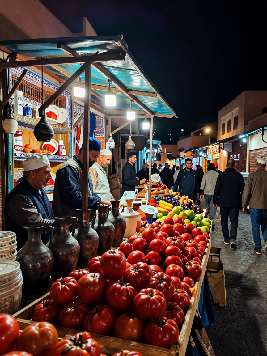 Night Market Stall in Marrakech Medina with Cool Jug and Tomatoes in in Marrakech, Morocco