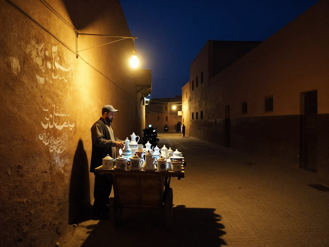 Night Market Stall in Marrakech Medina with Enamel Pitcher and Mortar in in Marrakech, Morocco