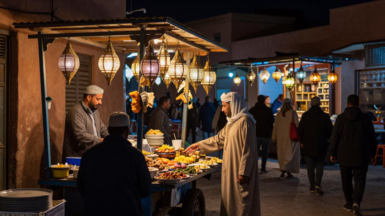 Night Market Stall in Marrakech Medina with Lanterns and Local Activity in in Marrakech, Morocco