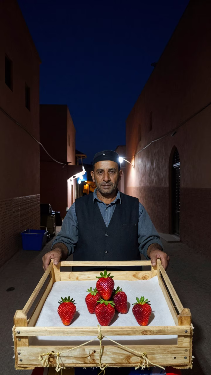 Night Market Stall in Marrakech Medina With Strawberries And Twine in in Marrakech, Morocco