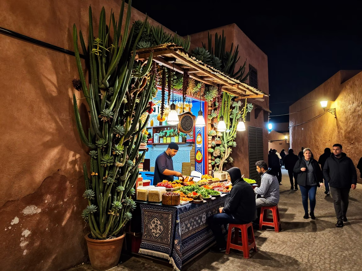 Night Market Stall in Marrakech Medina with Succulent Wall and Candelabra Lighting in in Marrakech, Morocco
