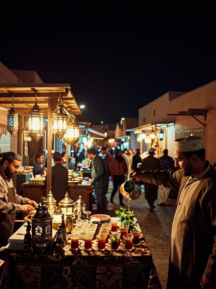 Night Market Stall in Marrakech Medina with Traditional Tea and Street Broom in in Marrakech, Morocco