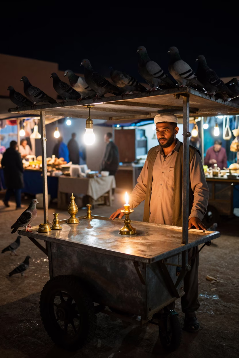 Night Market Stall in Marrakech Morocco With Candle Holder And Pigeons in in Marrakech, Morocco