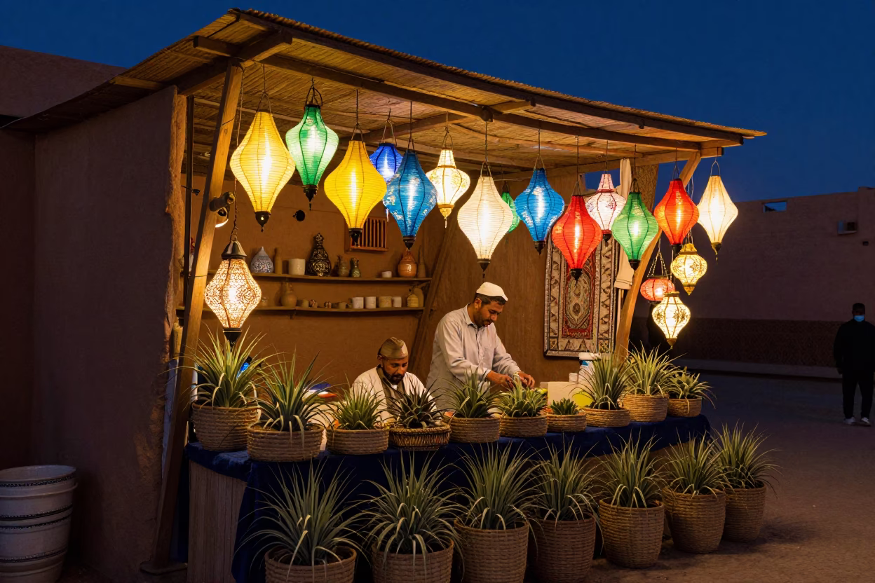 Night Market Stall in Marrakech Morocco with Colorful Lanterns and Traditional Decor in in Marrakech, Morocco