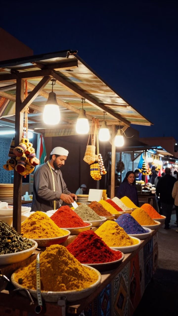 Night Market Stall in Marrakech Morocco with Measuring Tape and Colorful Spices in in Marrakech, Morocco