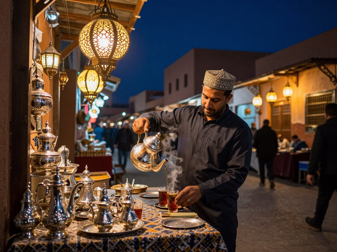 Night Market Stall in Marrakech Morocco with Silver Tea Set and Warm Lantern Light in in Marrakech, Morocco