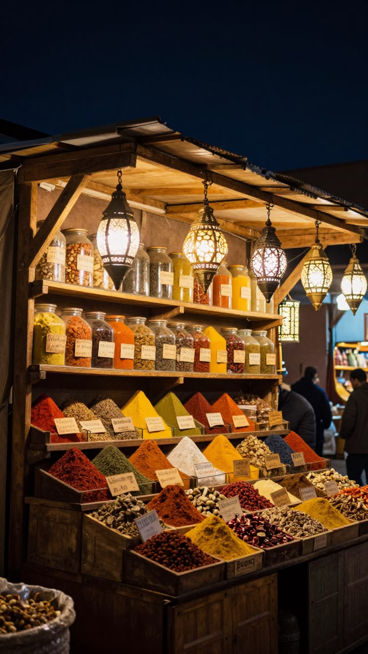 Night Market Stall in Marrakech Morocco with Spices and Lanterns 1980s in in Marrakech, Morocco