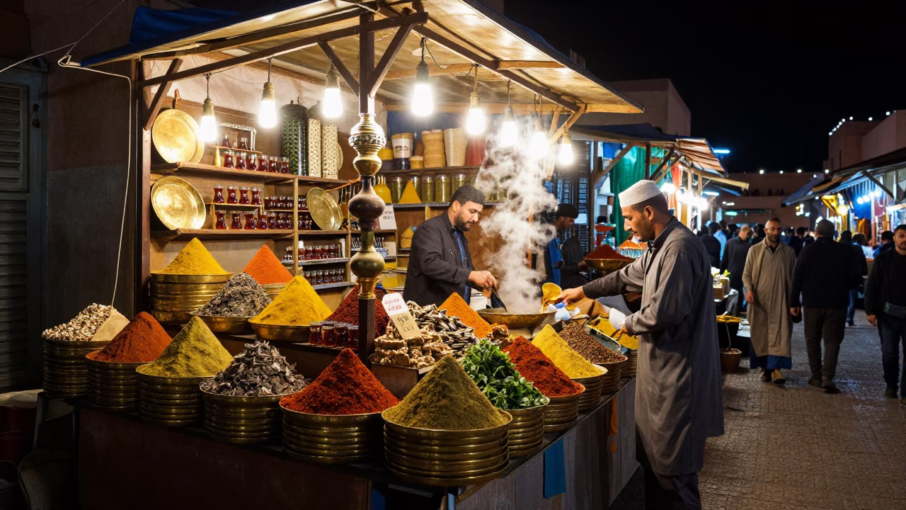 Night Market Stall in Marrakech Souk with Tea Glass and Vine Decor in in Marrakech, Morocco