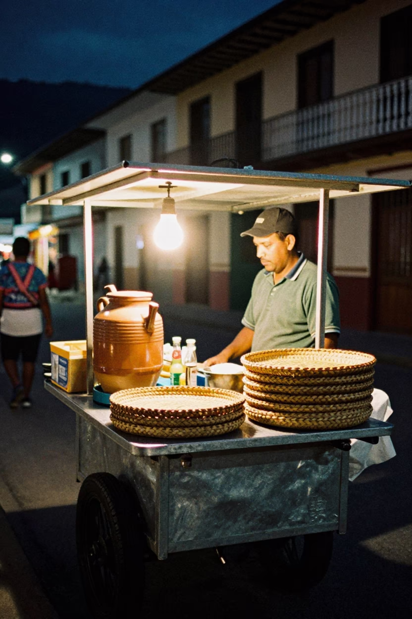 Night Market Stall in Medellin Colombia with Coffee and Street Life in in Medellin, Colombia