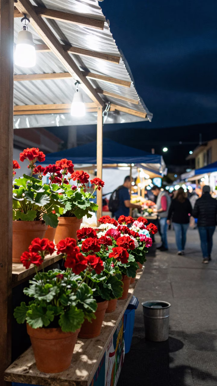 Night Market Stall in Medellin Colombia with Geraniums and Street Life in in Medellin, Colombia
