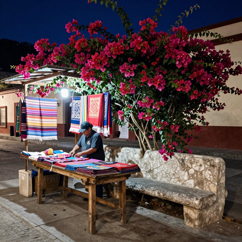 Night market stall in Merida Mexico with bougainvillea and stone bench in in Merida, Mexico