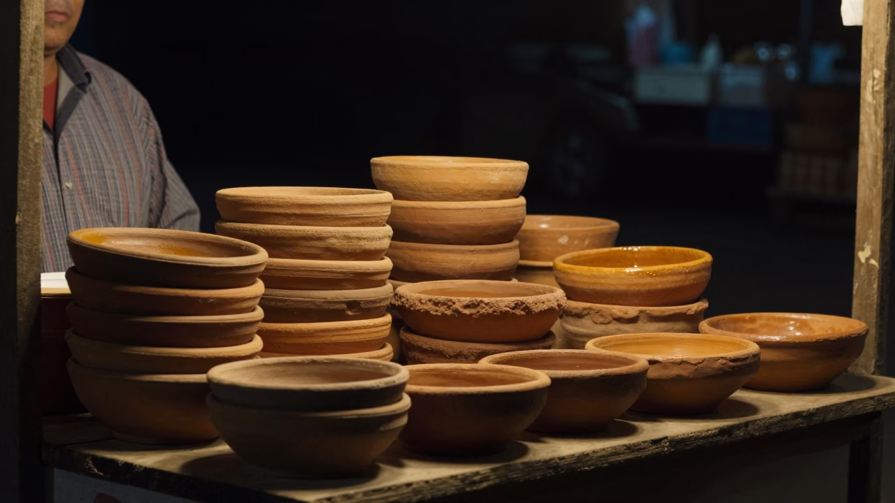Night Market Stall in Merida Mexico with Terracotta Bowls and Deep Sky in in Merida, Mexico