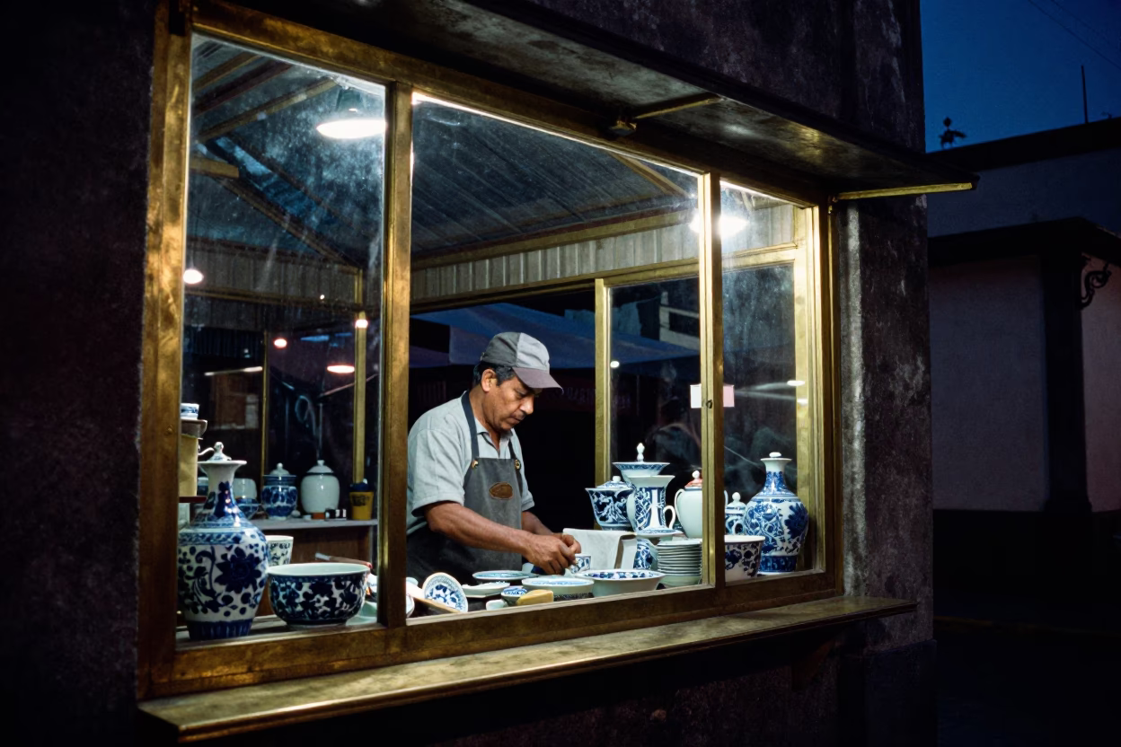Night Market Stall in Mexico City with Brass Window and Porcelain Jar in in Mexico City, Mexico
