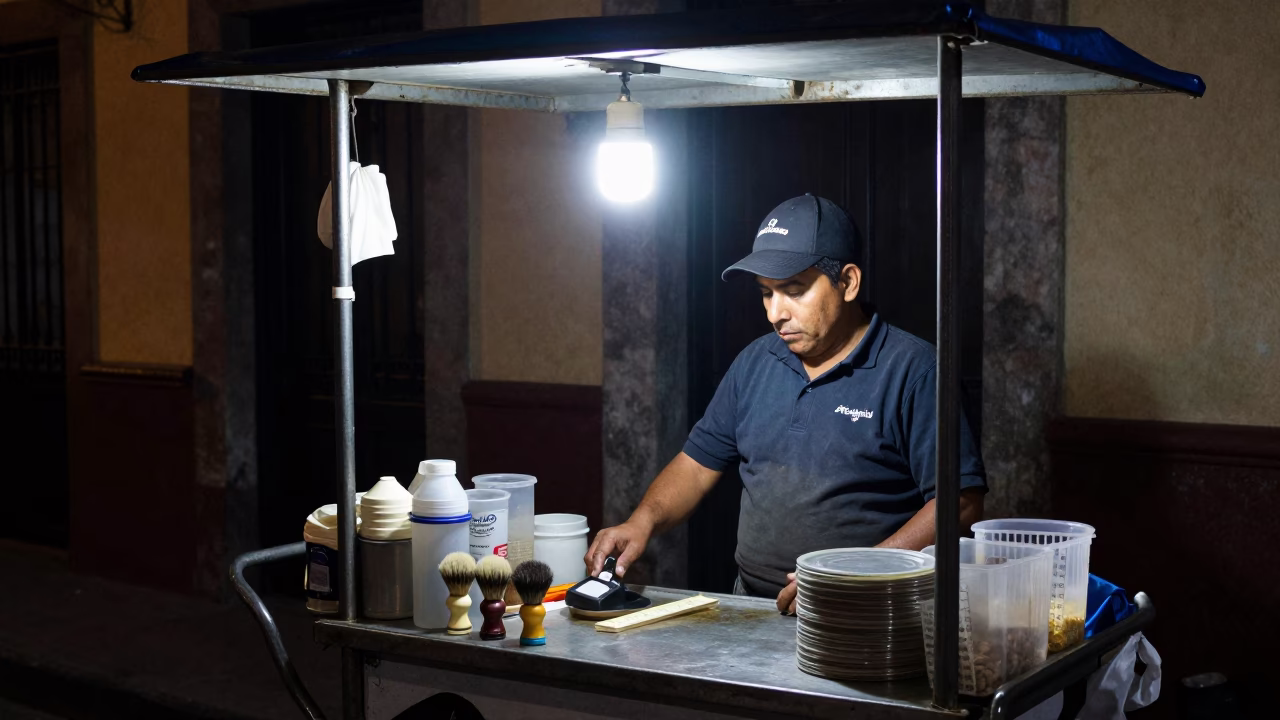 Night Market Stall in Mexico City With Shaving Brush And Measuring Cup in in Mexico City, Mexico