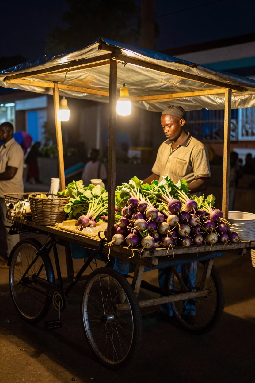 Night Market Stall in Nairobi Kenya with Bicycle Basket and Turnips in in Nairobi, Kenya