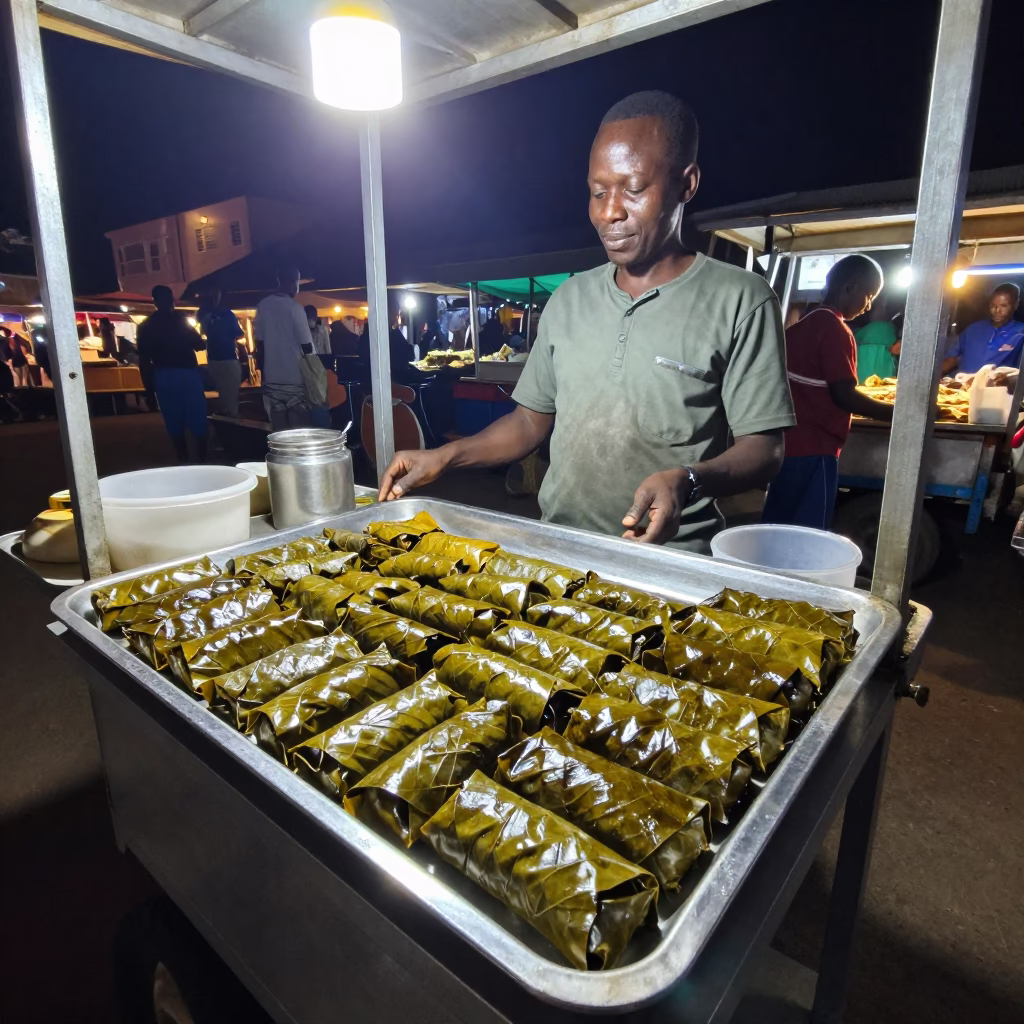 Night Market Stall in Nairobi Kenya with Tray of Dolma and Saucer in in Nairobi, Kenya
