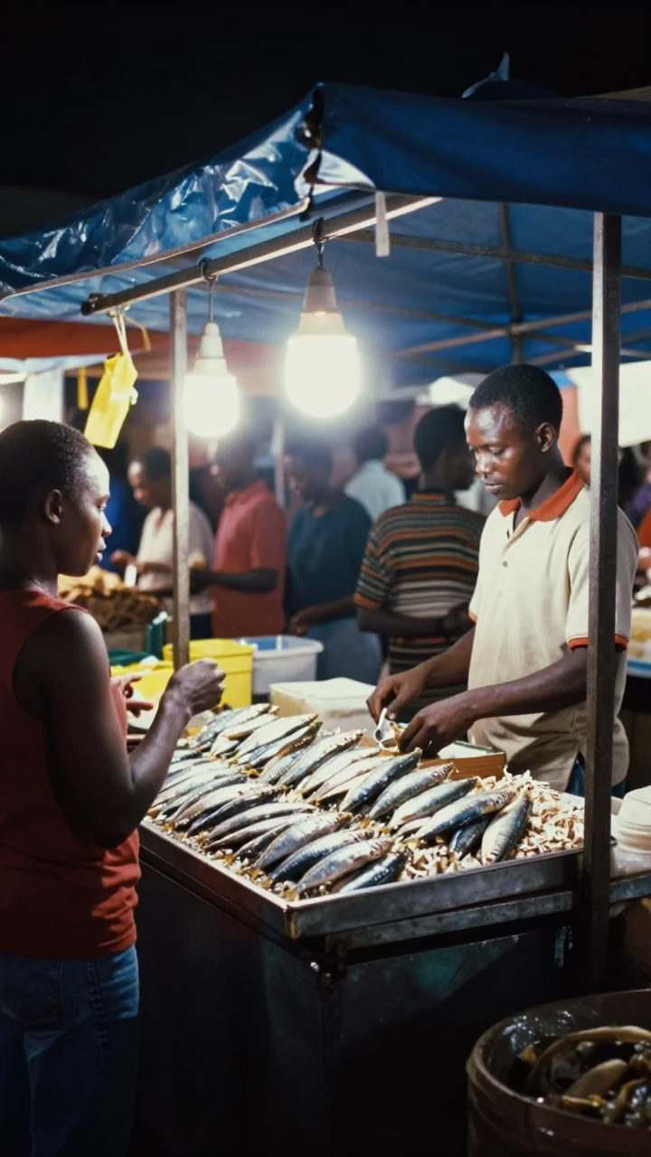 Night Market Stall in Nairobi Kenya with Vendor and Customers Under Streetlight in in Nairobi, Kenya