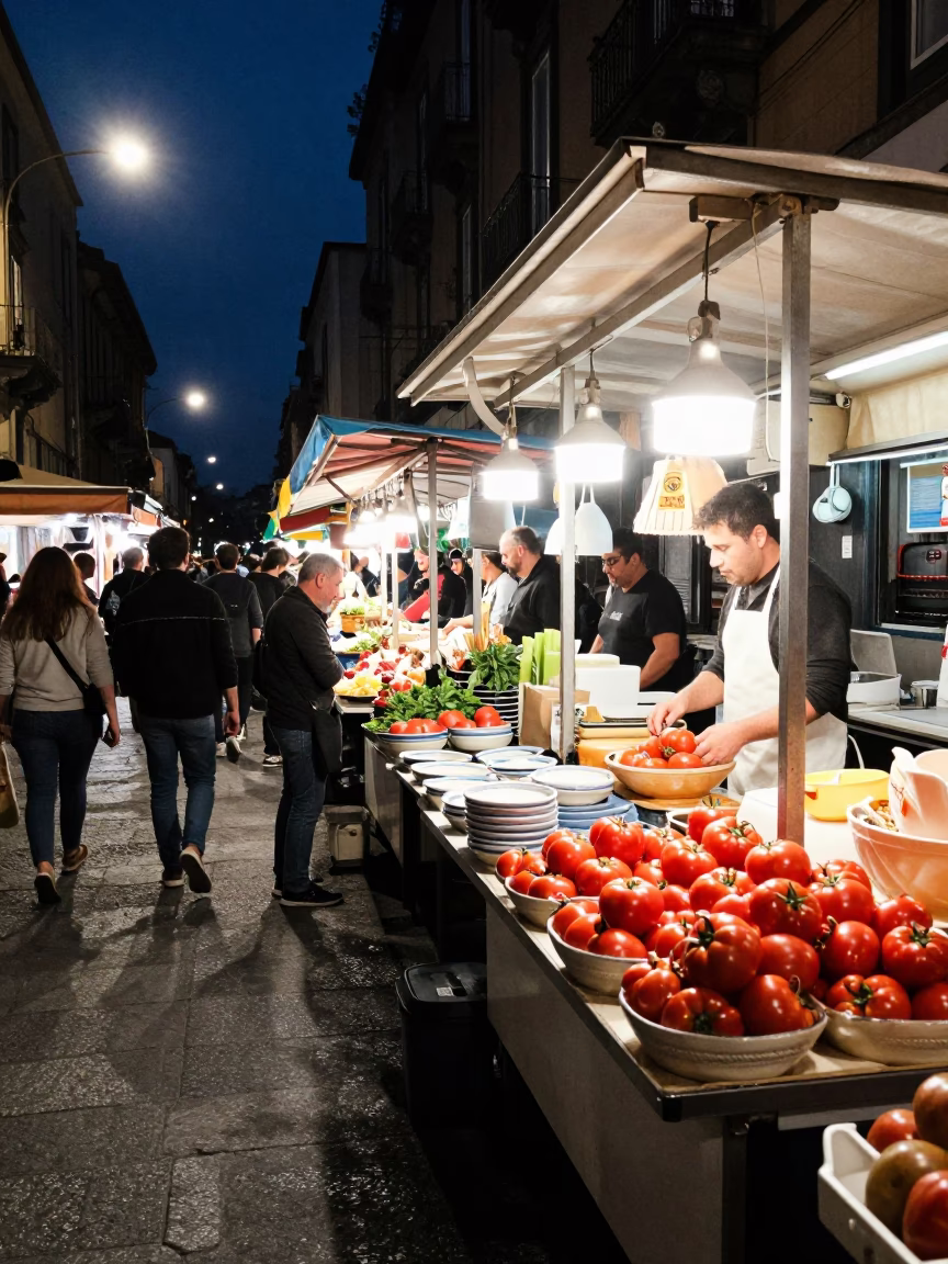 Night Market Stall in Naples Italy with Ceramic Bowls and Fresh Fruit Under Streetlights in in Naples, Italy