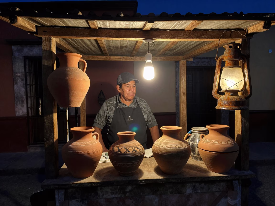 Night Market Stall in Oaxaca Mexico Clay Pots and Rusty Lantern Light in in Oaxaca, Mexico