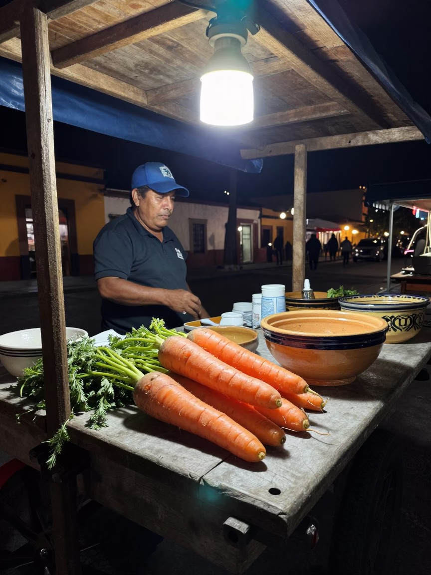 Night Market Stall in Oaxaca Mexico with Carrots and Ceramic Bowls Under Streetlight in in Oaxaca, Mexico