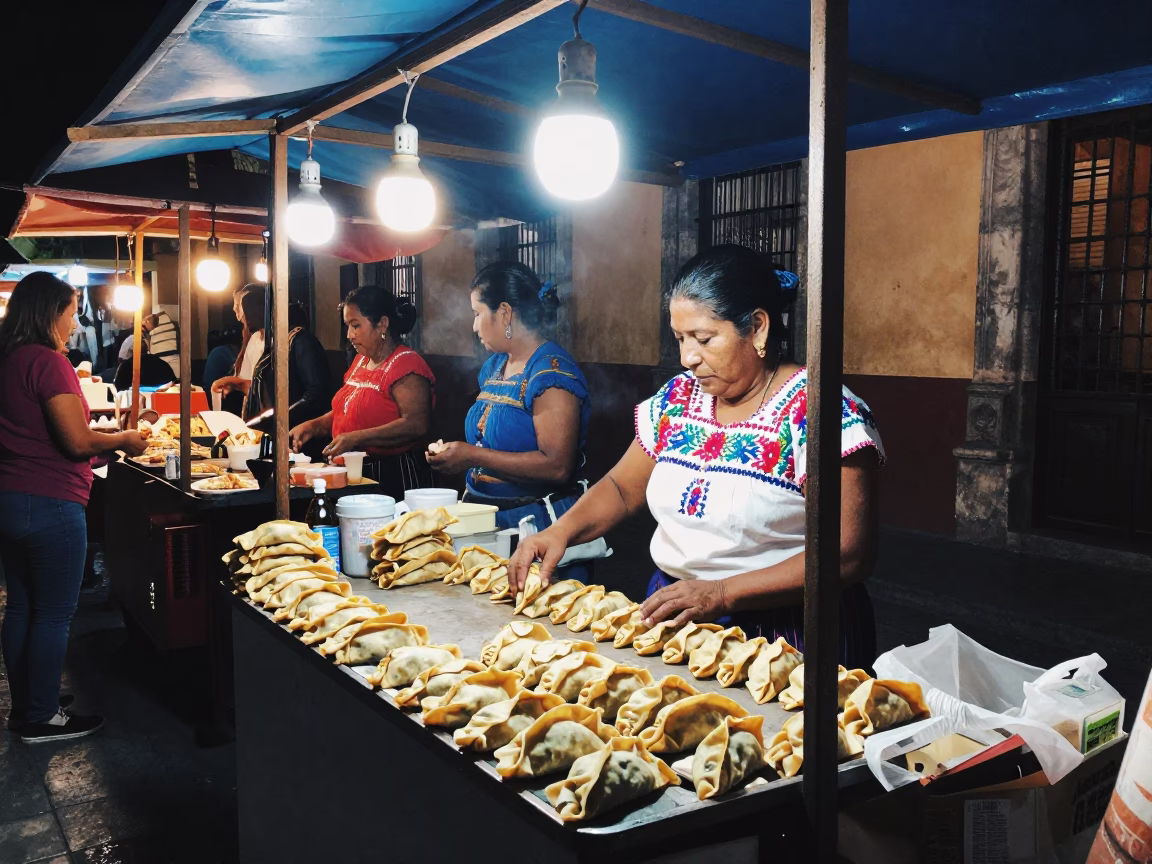 Night Market Stall in Oaxaca Mexico with Local Vendor and Street Scene in in Oaxaca, Mexico